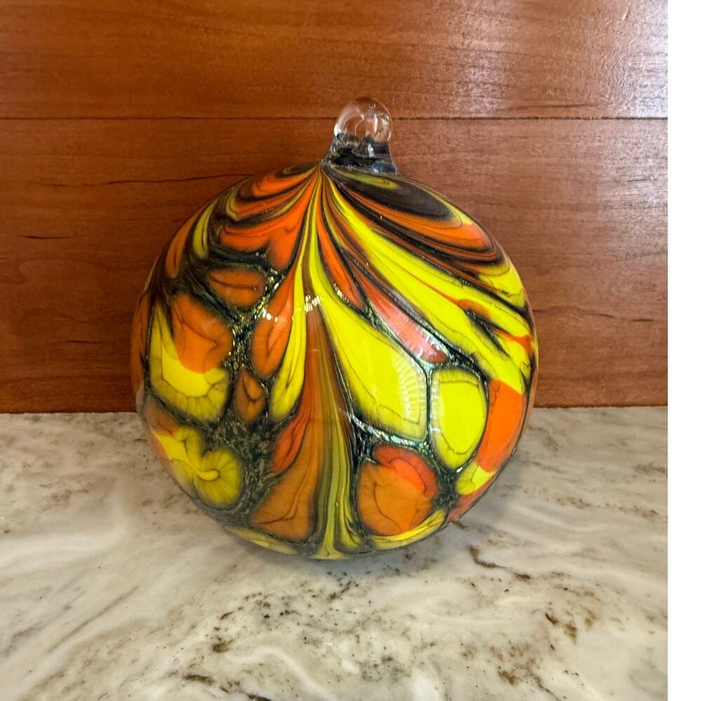 Handblown Art Glass Ball Orange Yellow Swirl Paint